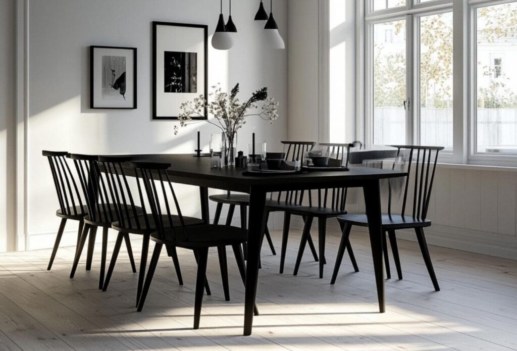 chaises à repas et table noire