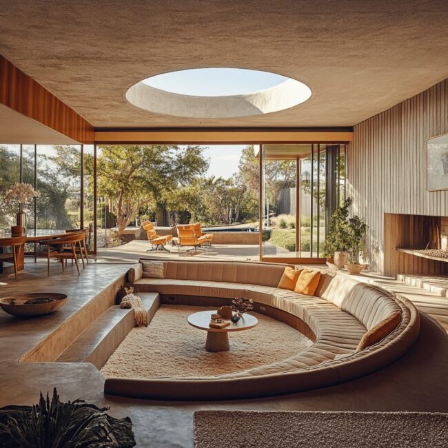 conversation pit dans une maison mid century