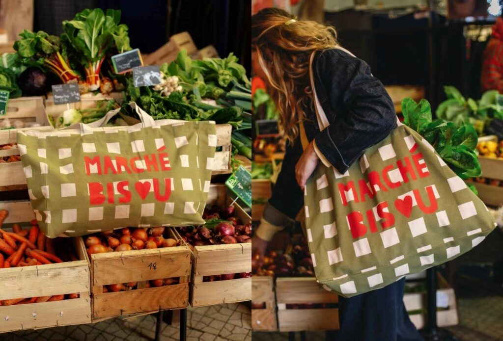 cabas tote bag vert et écru avec écriture