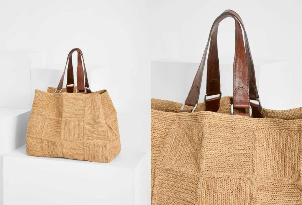 panier cabas en raphia avec anses en cuir