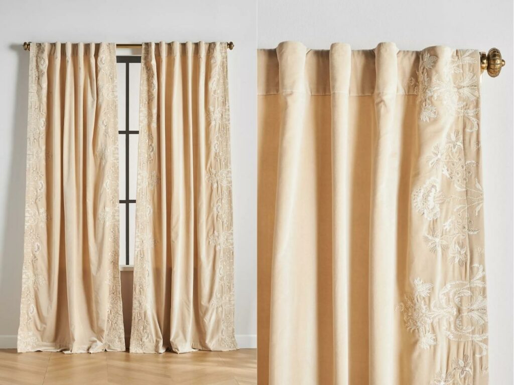 rideau beige en velours avec broderie florale