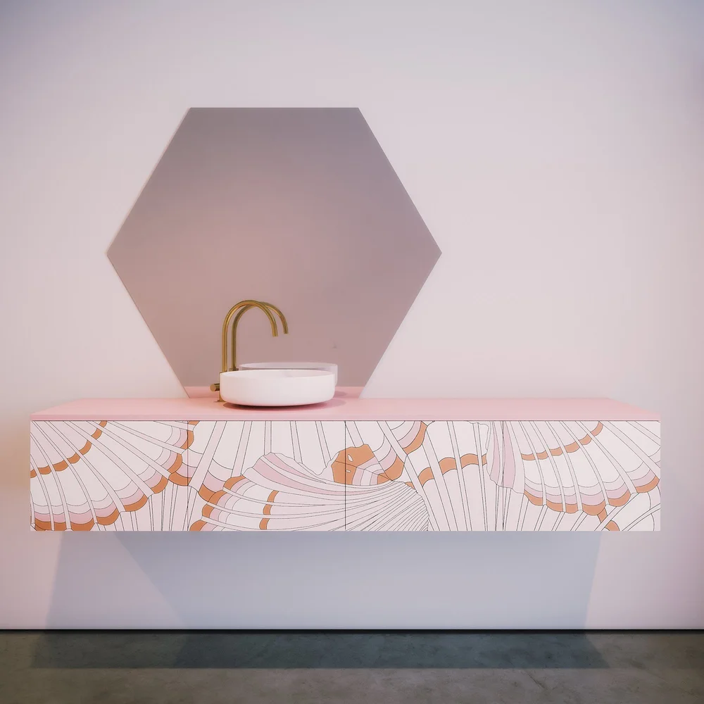 meuble salle de bains en marqueterie à motifs pop