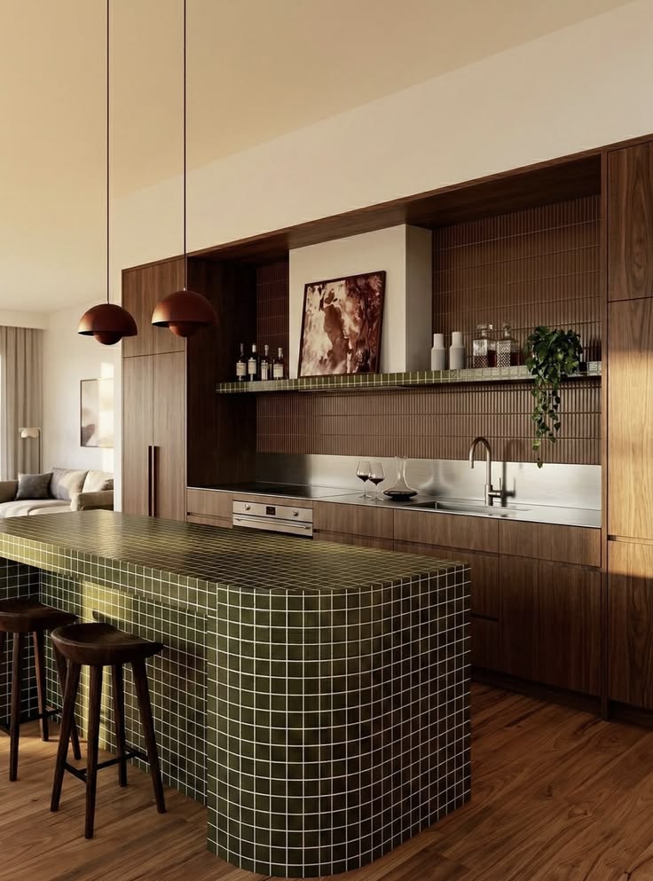 îlot arrondi en mosaïque vert olive et bois