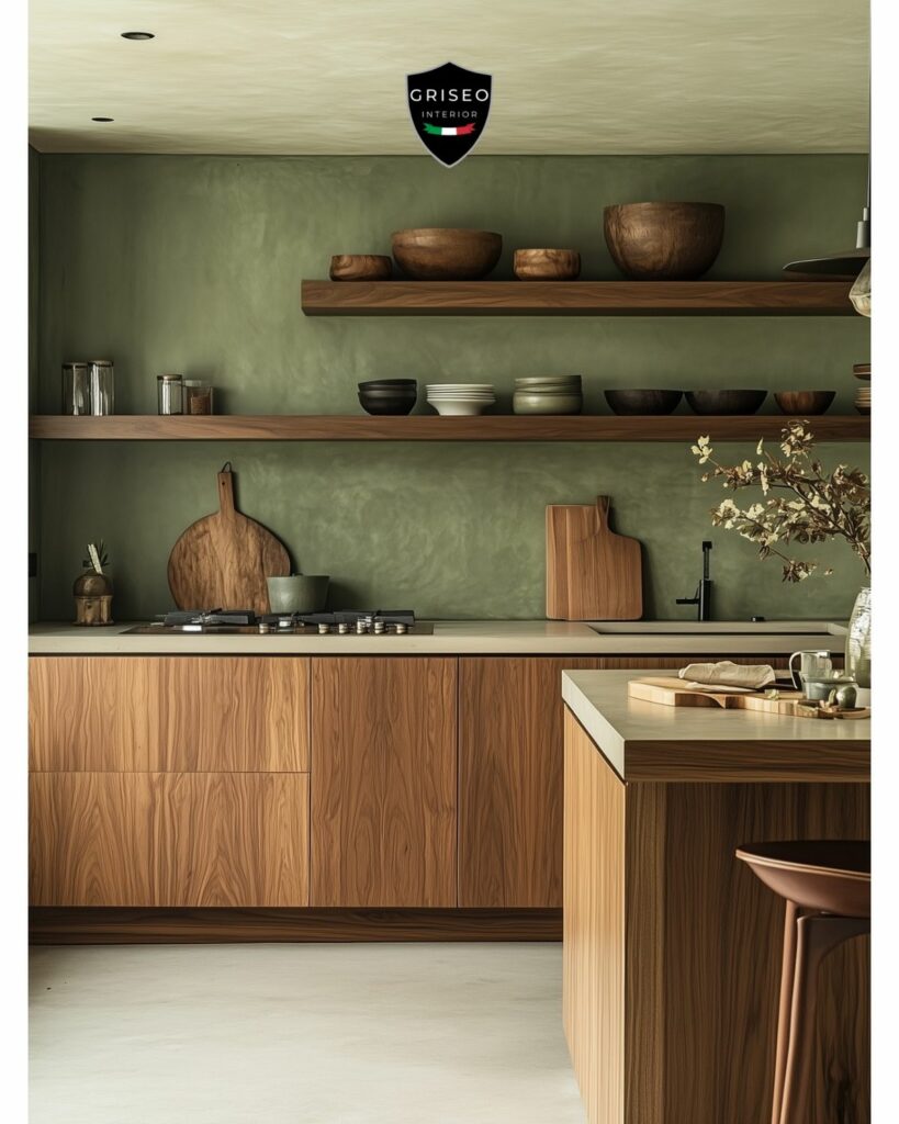 mur vert olive en enduit texturé avec étagères en noyer